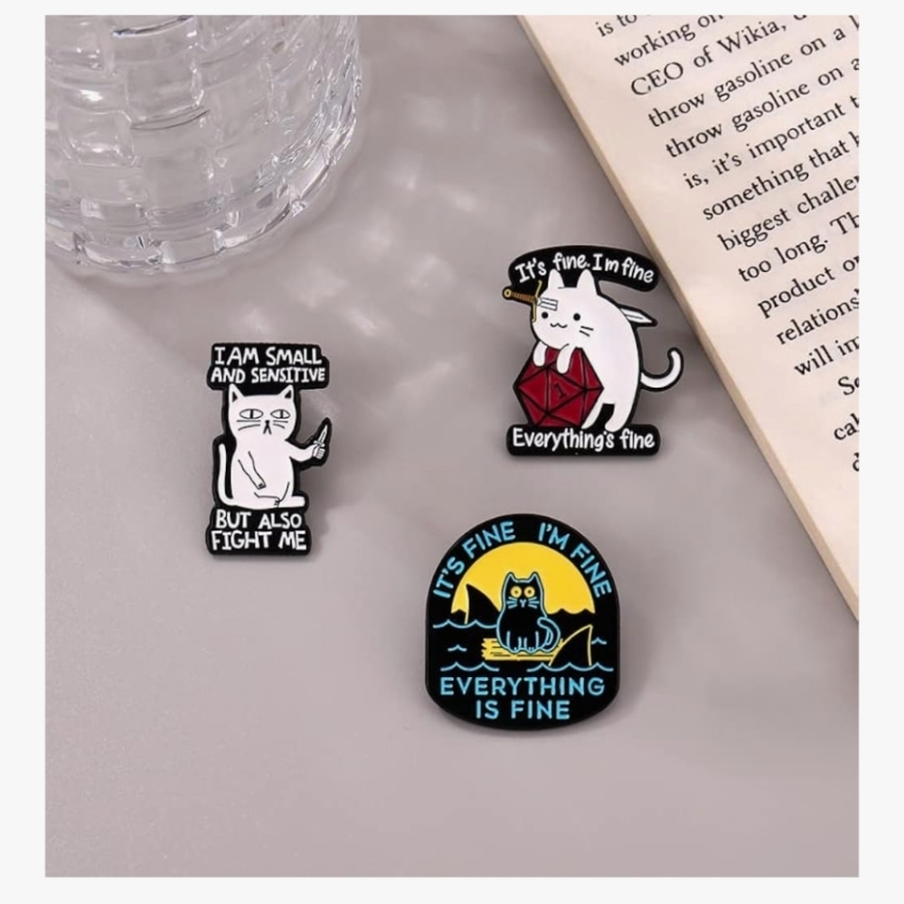 Cat-Themed Enamel Pin Set - Black, White, Blue